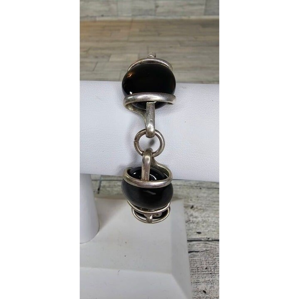 Handmade Silver Tone Square Onyx Black Art Glass Reversible Link Bracelet - Picture 3 of 5